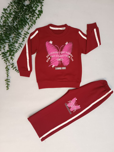 ست بلوز شلوار دخترانه بغل خط دار رنگ زرشکی شلوار بگ