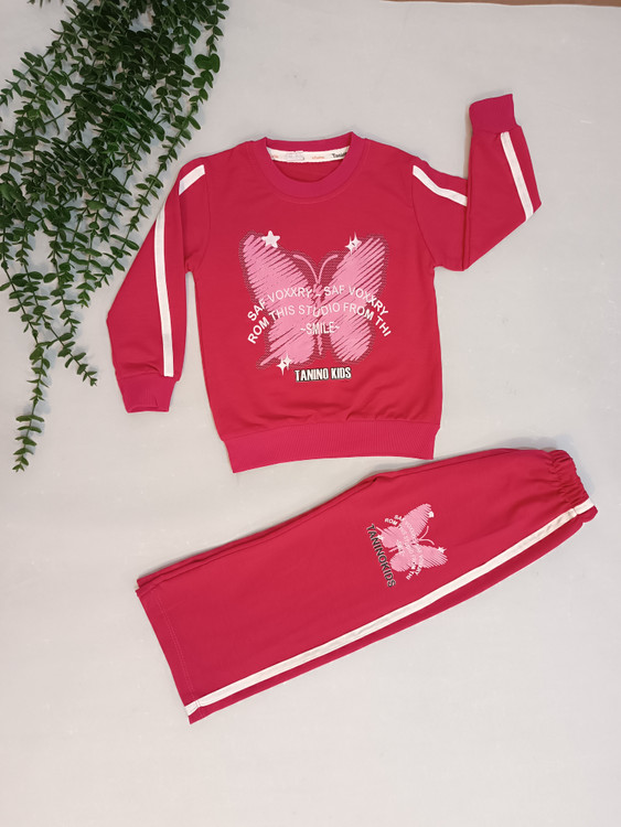 ست بلوز شلوار دخترانه بغل خط دار رنگ صورتی شلوار بگ