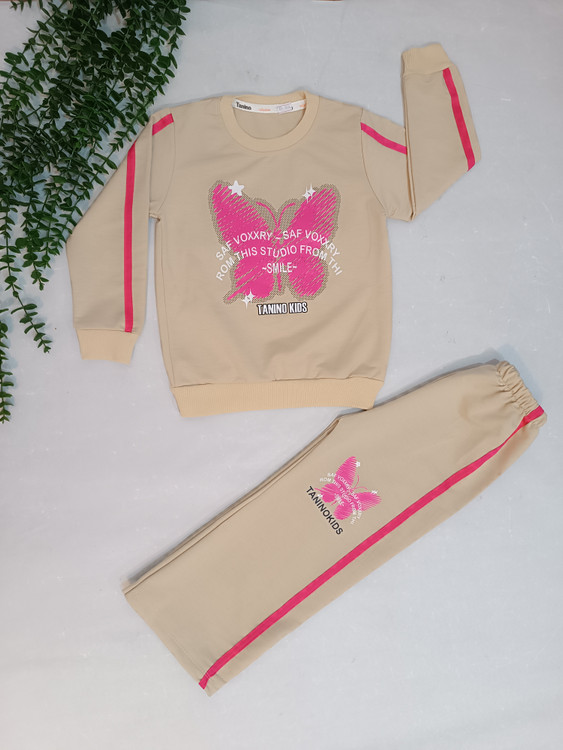 ست بلوز شلوار دخترانه بغل خط دار رنگ کرمی شلوار بگ