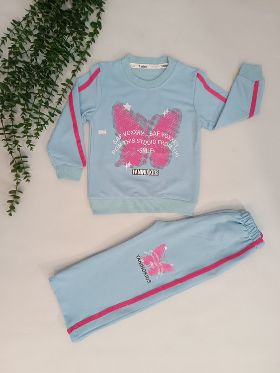 ست بلوز شلوار دخترانه بغل خط دار رنگ آبی آسمانی شلوار بگ