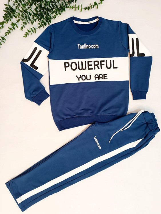 ست بلوز شلوار دخترانه و پسرانه شلوار بغل خط دار رنگ سورمه ای