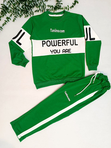ست بلوز شلوار دخترانه و پسرانه شلوار بغل خط دار رنگ سبز
