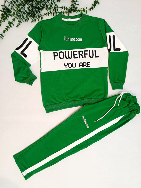 ست بلوز شلوار دخترانه و پسرانه شلوار بغل خط دار رنگ سبز