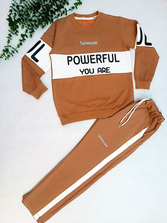 ست بلوز شلوار دخترانه و پسرانه شلوار بغل خط دار رنگ نسکافه ای یا قهوه ای