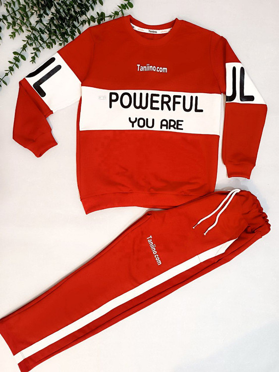 ست بلوز شلوار دخترانه و پسرانه شلوار بغل خط دار رنگ قرمز