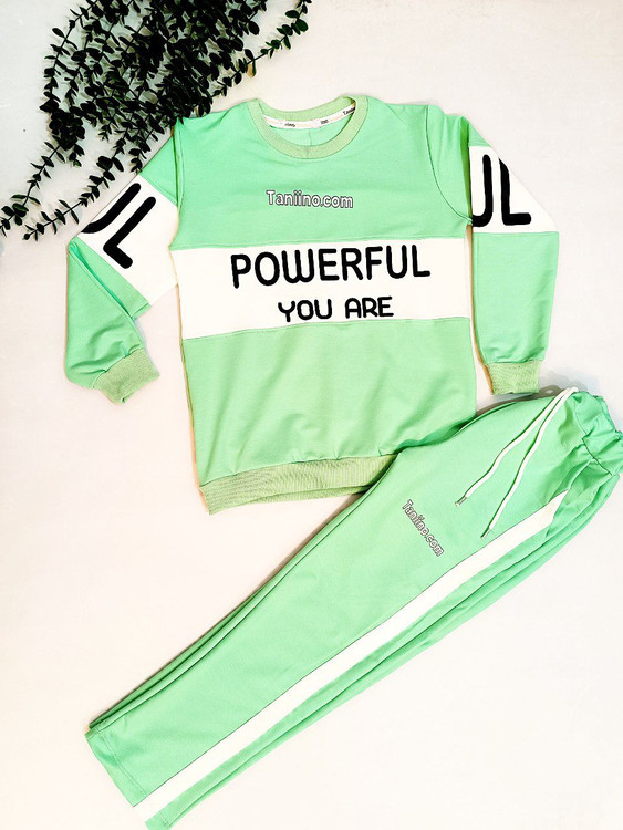 ست بلوز شلوار دخترانه و پسرانه شلوار بغل خط دار رنگ سبز کله غازی